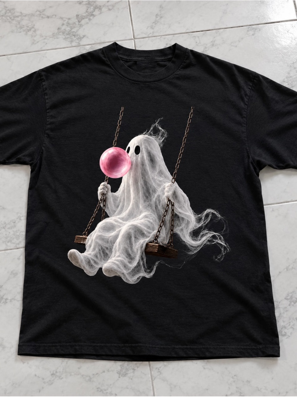 Ghost on Swing and Pink Bubble Gildan Black Tee Graphic